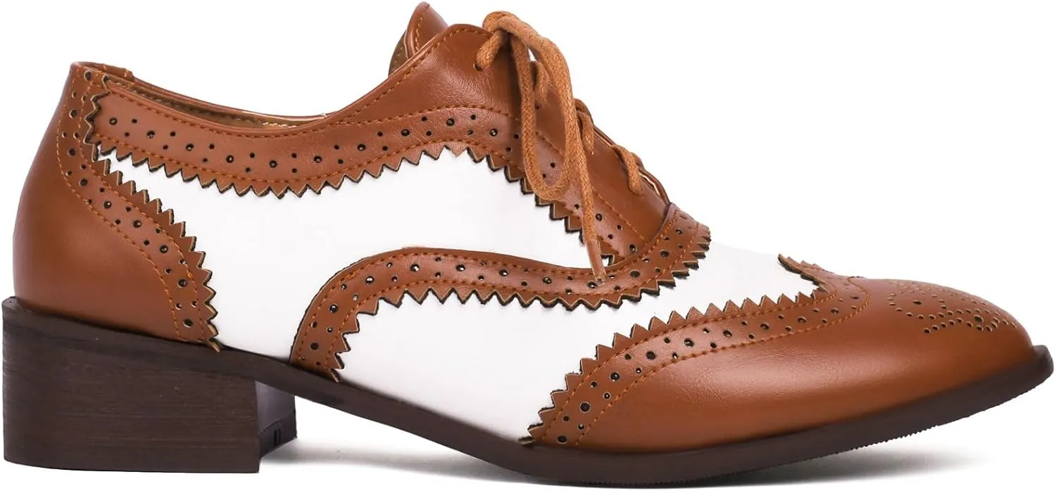 Womens Wingtip Oxford Brogue Shoes Lace up Pointed Toe Chunky Low Heel Pumps Casual Comfortable Party Dress Shoes