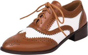Womens Wingtip Oxford Brogue Shoes Lace up Pointed Toe Chunky Low Heel Pumps Casual Comfortable Party Dress Shoes