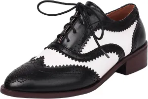 Womens Wingtip Oxford Brogue Shoes Lace up Pointed Toe Chunky Low Heel Pumps Casual Comfortable Party Dress Shoes