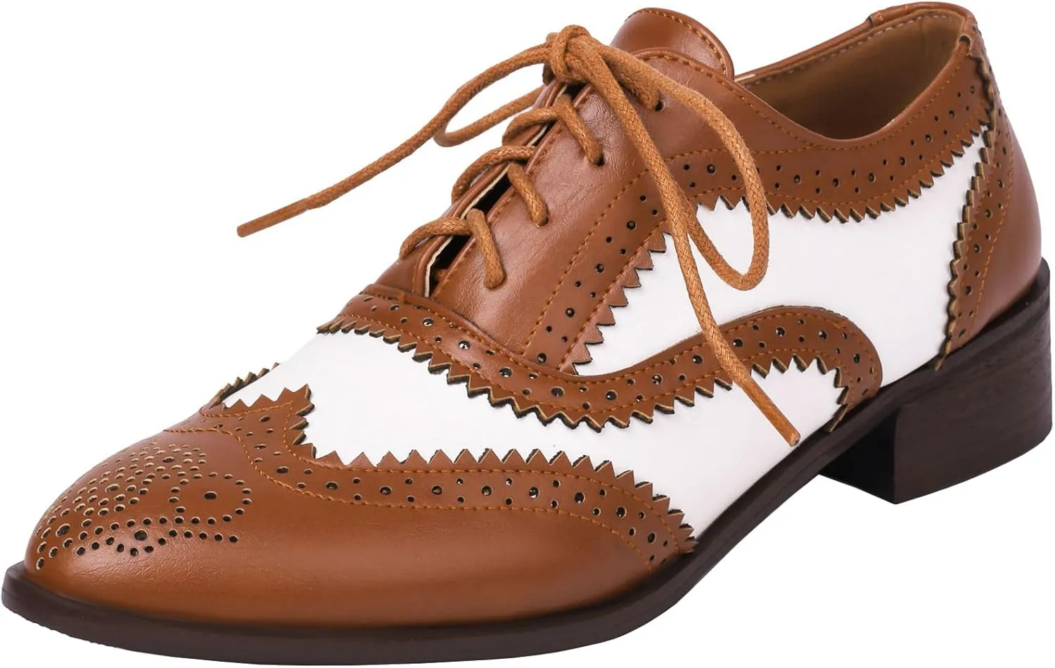 Womens Wingtip Oxford Brogue Shoes Lace up Pointed Toe Chunky Low Heel Pumps Casual Comfortable Party Dress Shoes