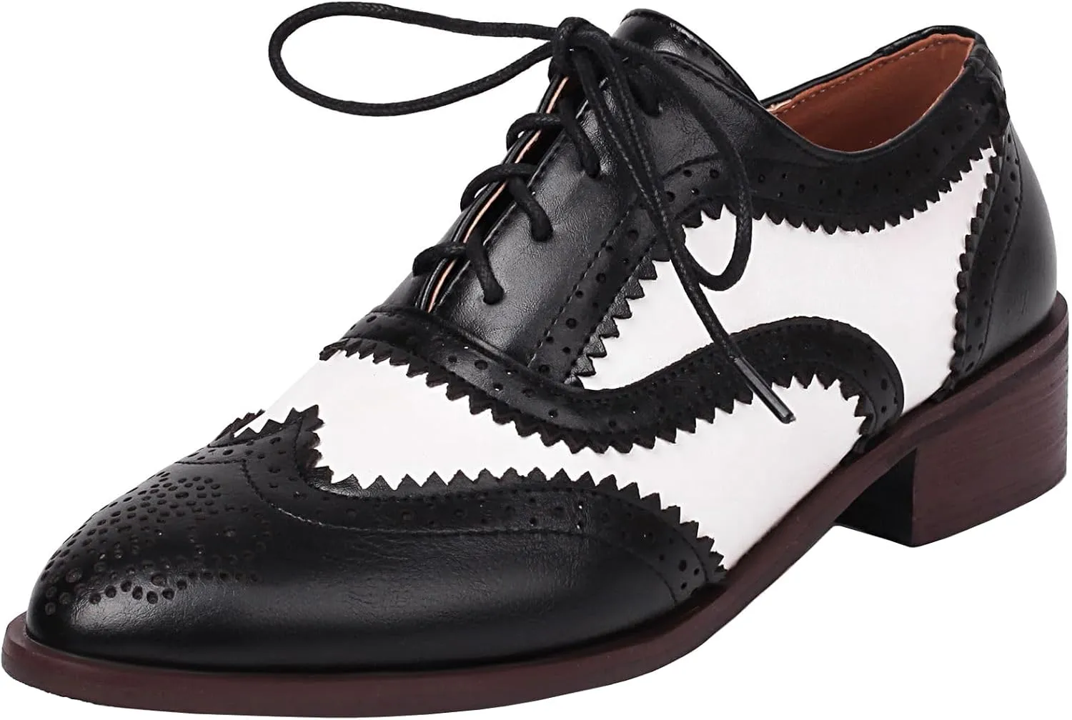 Womens Wingtip Oxford Brogue Shoes Lace up Pointed Toe Chunky Low Heel Pumps Casual Comfortable Party Dress Shoes