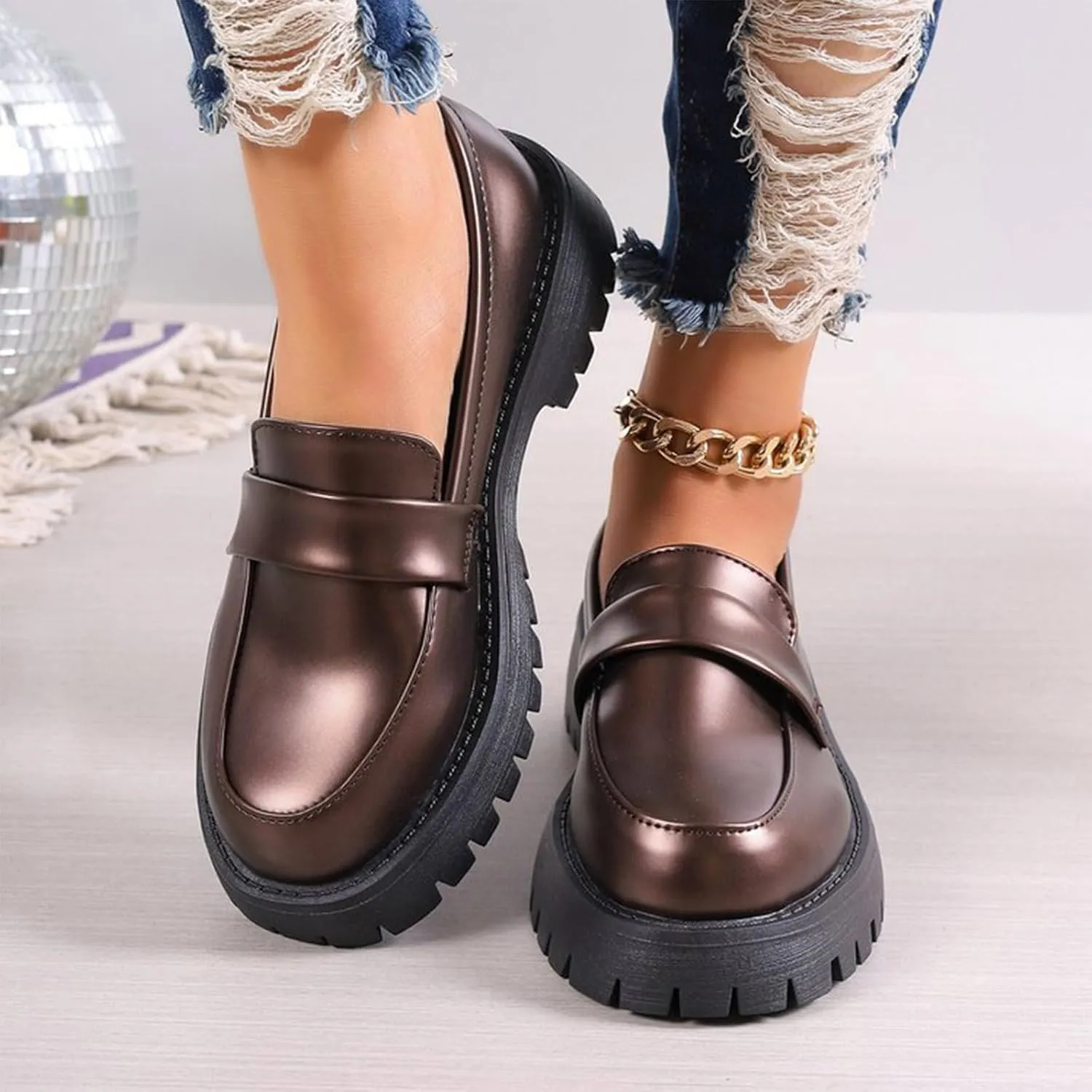 Work Shoes Women Platform Penny Loafers Slip On Chunky Loafers Comfortable Work Shoes Platform Office Shoes