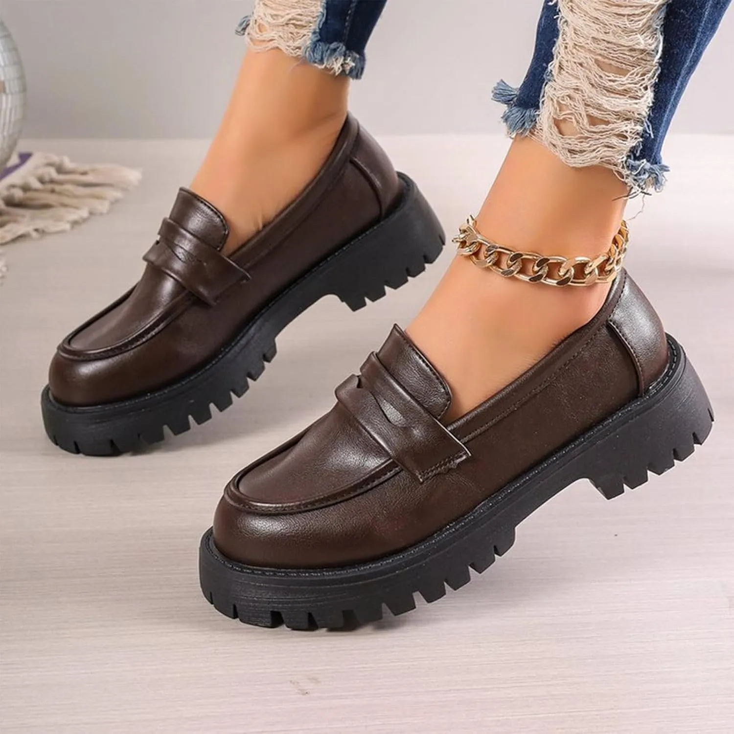 Work Shoes Women Platform Penny Loafers Slip On Chunky Loafers Comfortable Work Shoes Platform Office Shoes