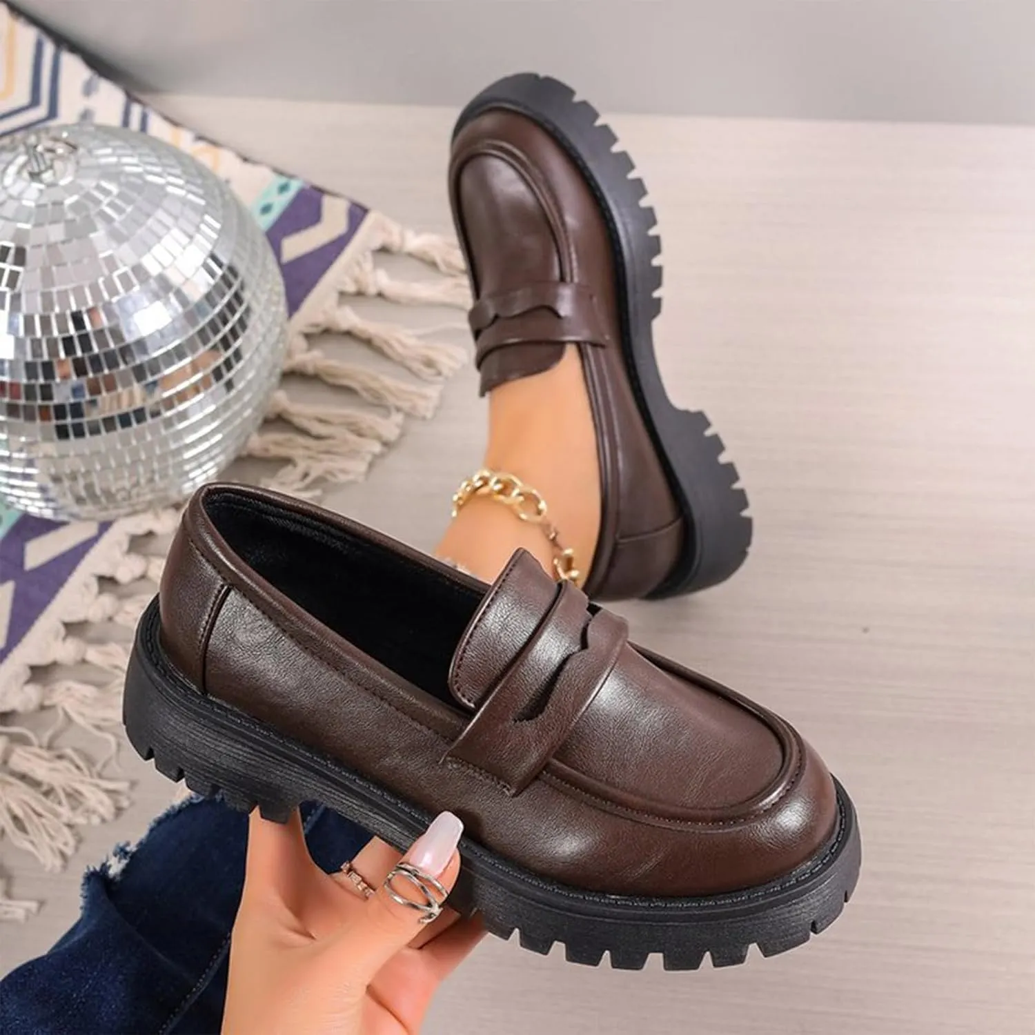 Work Shoes Women Platform Penny Loafers Slip On Chunky Loafers Comfortable Work Shoes Platform Office Shoes