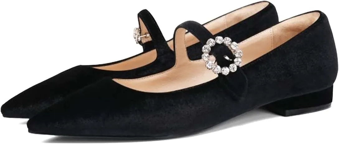 XYD Women's Velvet Pointed Toe Low Heel Flats with Rhinestone Buckle Strap Mary Jane Daily Dating Wedding Shoes
