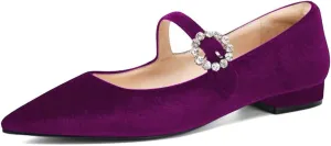 XYD Women's Velvet Pointed Toe Low Heel Flats with Rhinestone Buckle Strap Mary Jane Daily Dating Wedding Shoes