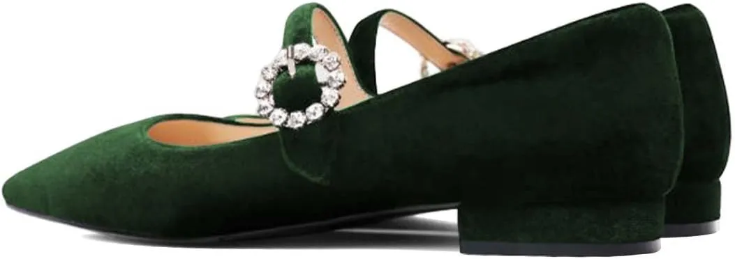 XYD Women's Velvet Pointed Toe Low Heel Flats with Rhinestone Buckle Strap Mary Jane Daily Dating Wedding Shoes