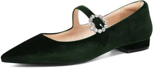XYD Women's Velvet Pointed Toe Low Heel Flats with Rhinestone Buckle Strap Mary Jane Daily Dating Wedding Shoes