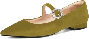 XYD Women's Velvet Pointed Toe Low Heel Flats with Rhinestone Buckle Strap Mary Jane Daily Dating Wedding Shoes