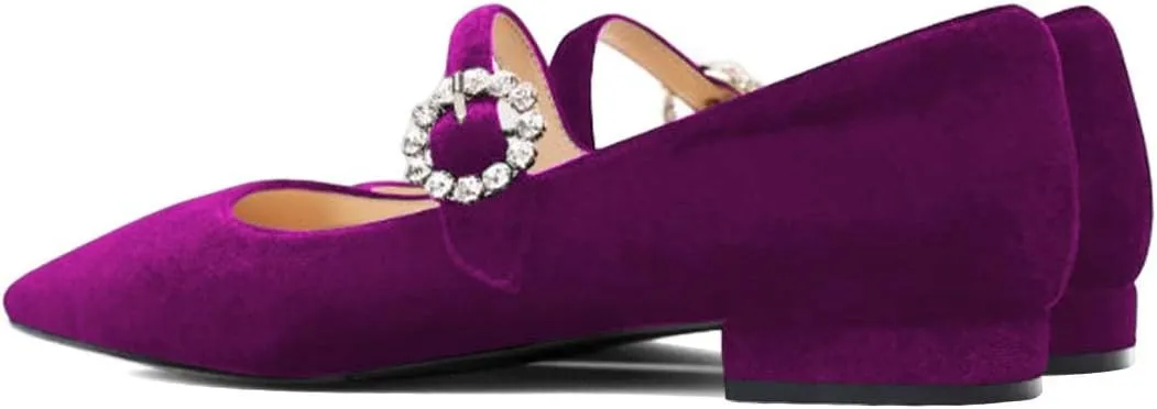 XYD Women's Velvet Pointed Toe Low Heel Flats with Rhinestone Buckle Strap Mary Jane Daily Dating Wedding Shoes