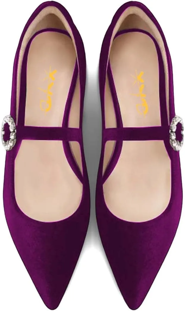 XYD Women's Velvet Pointed Toe Low Heel Flats with Rhinestone Buckle Strap Mary Jane Daily Dating Wedding Shoes