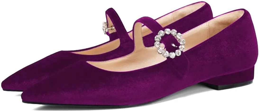 XYD Women's Velvet Pointed Toe Low Heel Flats with Rhinestone Buckle Strap Mary Jane Daily Dating Wedding Shoes