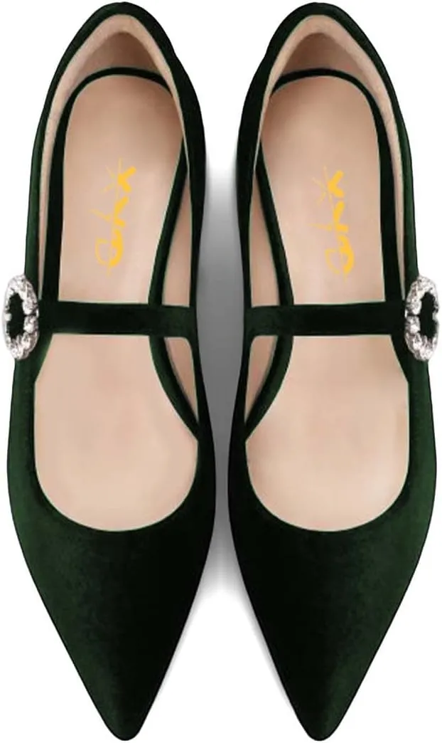 XYD Women's Velvet Pointed Toe Low Heel Flats with Rhinestone Buckle Strap Mary Jane Daily Dating Wedding Shoes