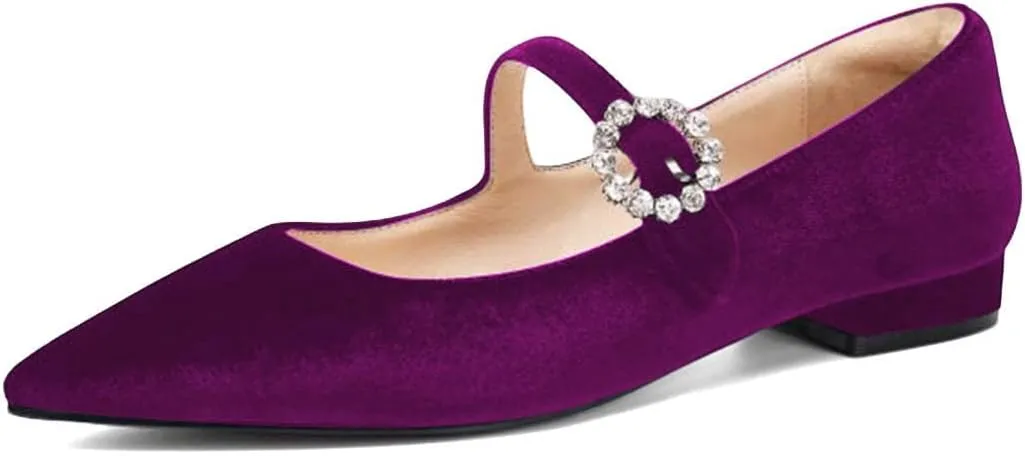 XYD Women's Velvet Pointed Toe Low Heel Flats with Rhinestone Buckle Strap Mary Jane Daily Dating Wedding Shoes