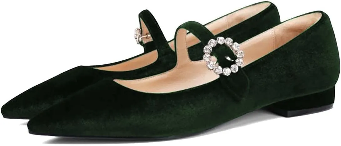 XYD Women's Velvet Pointed Toe Low Heel Flats with Rhinestone Buckle Strap Mary Jane Daily Dating Wedding Shoes