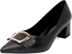YODEKS Women's Chunky Heels Pointed Toe Low Block Heel Pumps Metal Buckle Bow Comfort Wedding Party Working Daily 2 Inch Dress Shoes