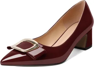 YODEKS Women's Chunky Heels Pointed Toe Low Block Heel Pumps Metal Buckle Bow Comfort Wedding Party Working Daily 2 Inch Dress Shoes