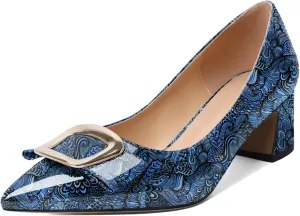 YODEKS Women's Chunky Heels Pointed Toe Low Block Heel Pumps Metal Buckle Bow Comfort Wedding Party Working Daily 2 Inch Dress Shoes