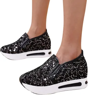 ZBYY High Heel Wedge Sneakers for Women Sequin Breathable Walking Canvas Shoes Slip On Fall Walking Driving Play Sneakers Work Shoes