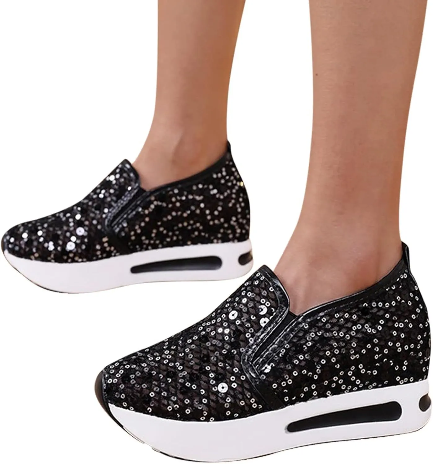 ZBYY High Heel Wedge Sneakers for Women Sequin Breathable Walking Canvas Shoes Slip On Fall Walking Driving Play Sneakers Work Shoes